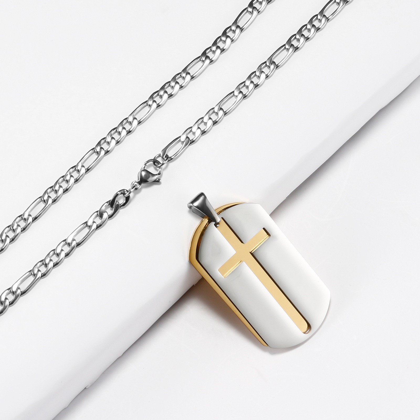 Hollow Cross Necklace Pendant for Men and Women, Stainless Steel, Fedeiro Chain, Golden and Silver Prayer Charm, Fashion Jewelry Accessory